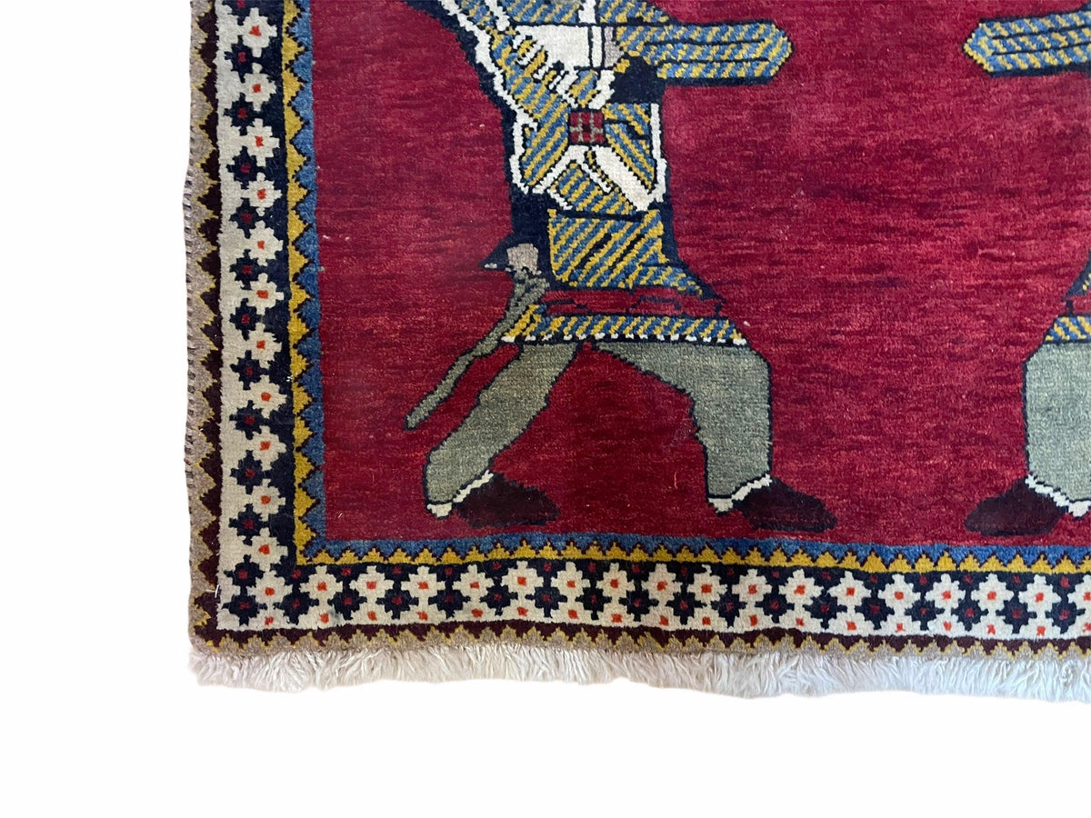 3 X 6 Handmade Wool Rug Tribal Balouch Warriors Deer Animal Pictorial Red Swords - Jewel Rugs, view 9