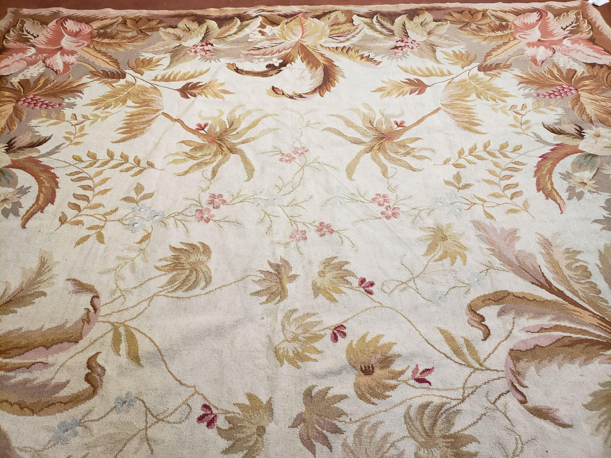 7' 7" x 9' 8" Needlepoint Rug Floral Beige Flat Weave Carpet 8x10 Handmade New Area Rug - Jewel Rugs, view 4