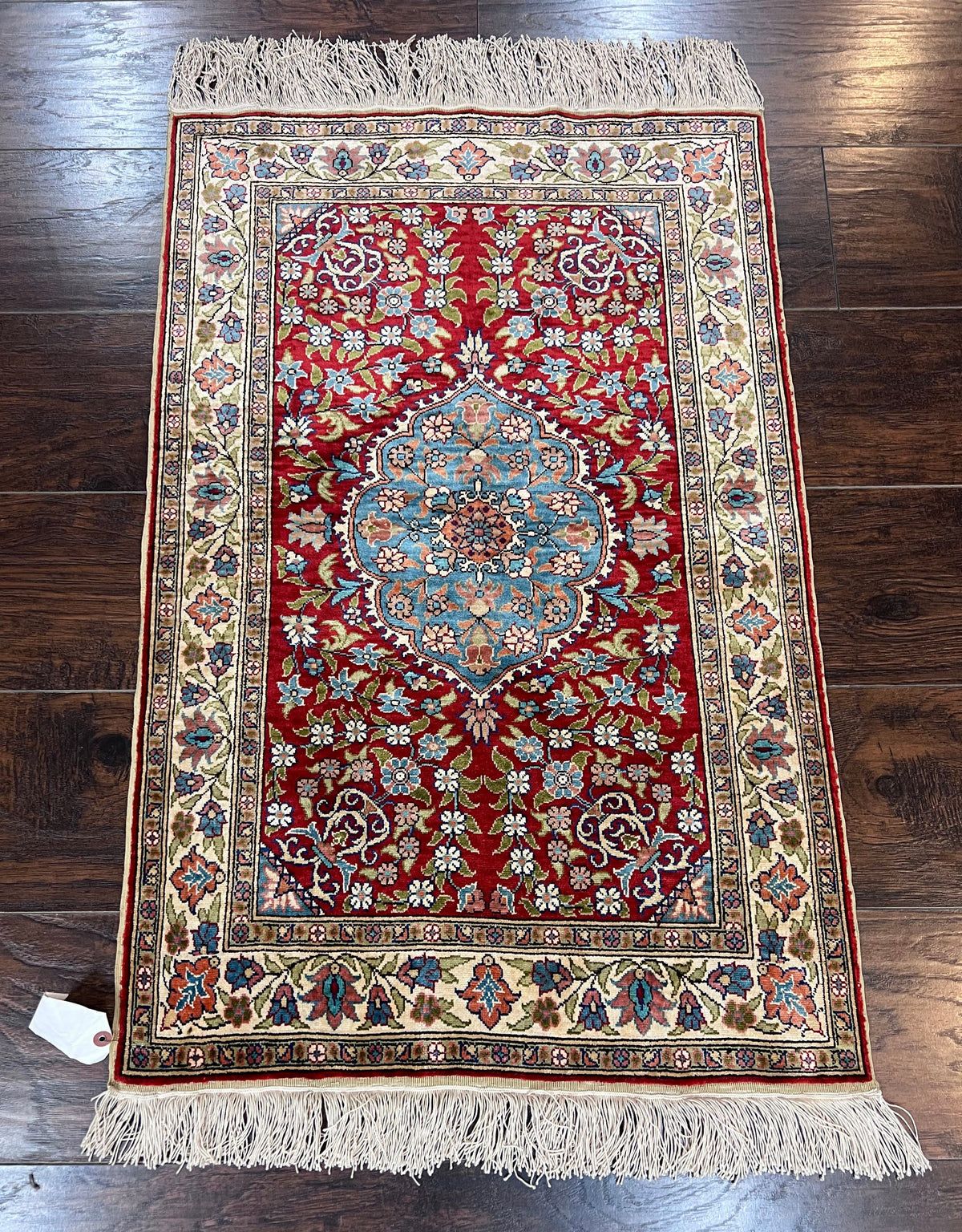 Silk Turkish Kayseri Rug 2x3, Small All Silk Turkish Carpet, Red and Light Blue, Very Fine Hand Knotted Semi Antique Vintage Handmade Rug - Jewel Rugs, view 2