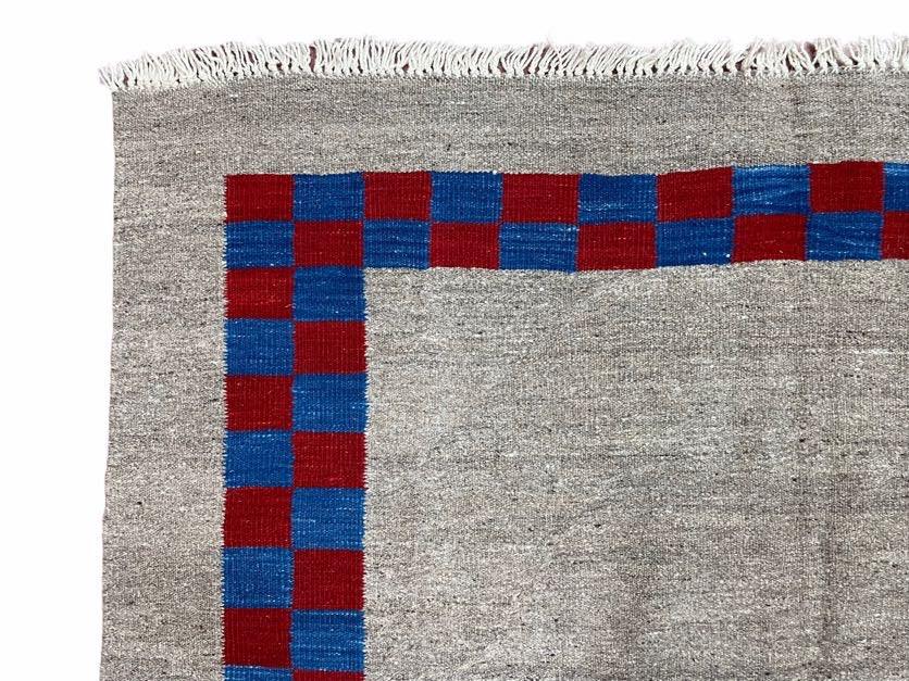 Gray Turkish Kilim Carpet 5' 7" x 7' 7", Medium Kilim Rug, Hand-Knotted, Blue & Red Border, Minimalistic Design, Geometric, Wool, New - Jewel Rugs, view 7