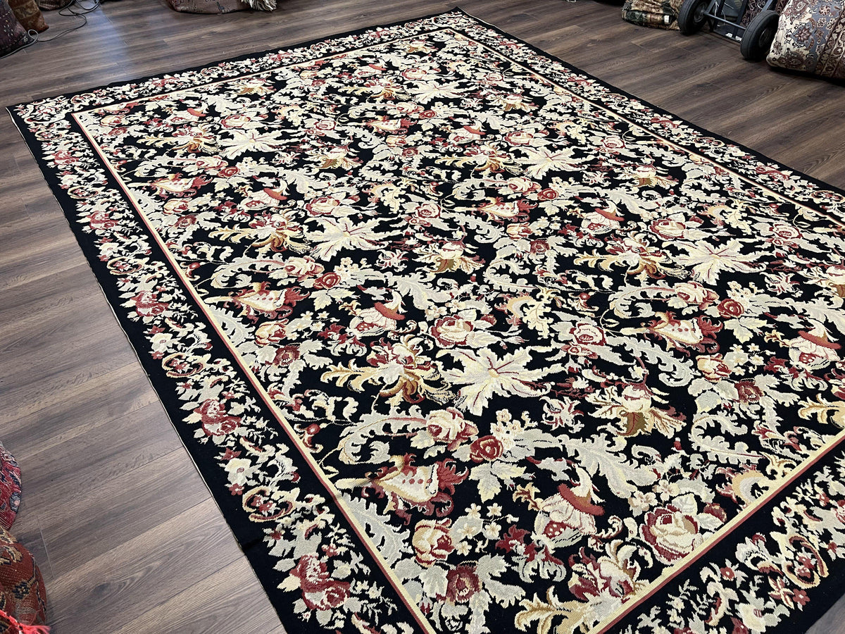 Wool Needlepoint Rug 9x12, William Morris Vintage Chinese Needlepoint Carpet 9 x 12, Handwoven, Allover Floral Area Rug, Black Light Green - Jewel Rugs, view 2