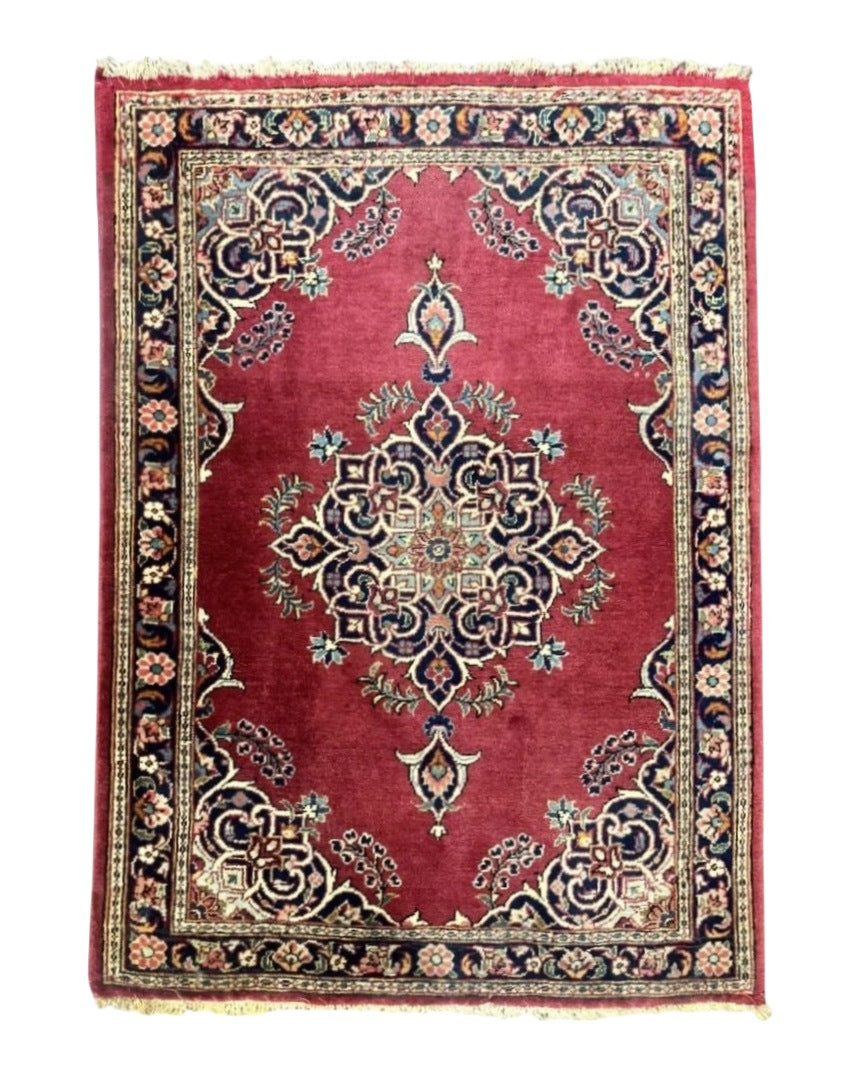 Small Persian Kashan Rug 2x3, Red and Navy Blue, Handmade Vintage Wool Semi Antique Persian Carpet, Semi Open Field, Pair B - Jewel Rugs
