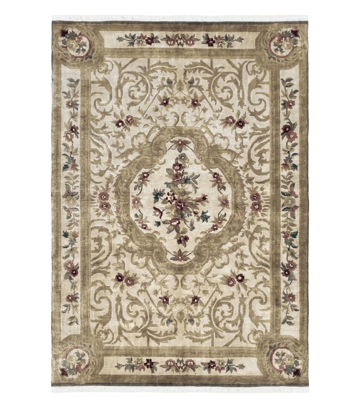 Vintage Nepali Tibetan Aubusson Rug 6x9, Wool Hand-Knotted Cream Beige Carpet, Leaves & Floral Pattern 6 x 9 Soft Area Rug Home Office Rug - Jewel Rugs