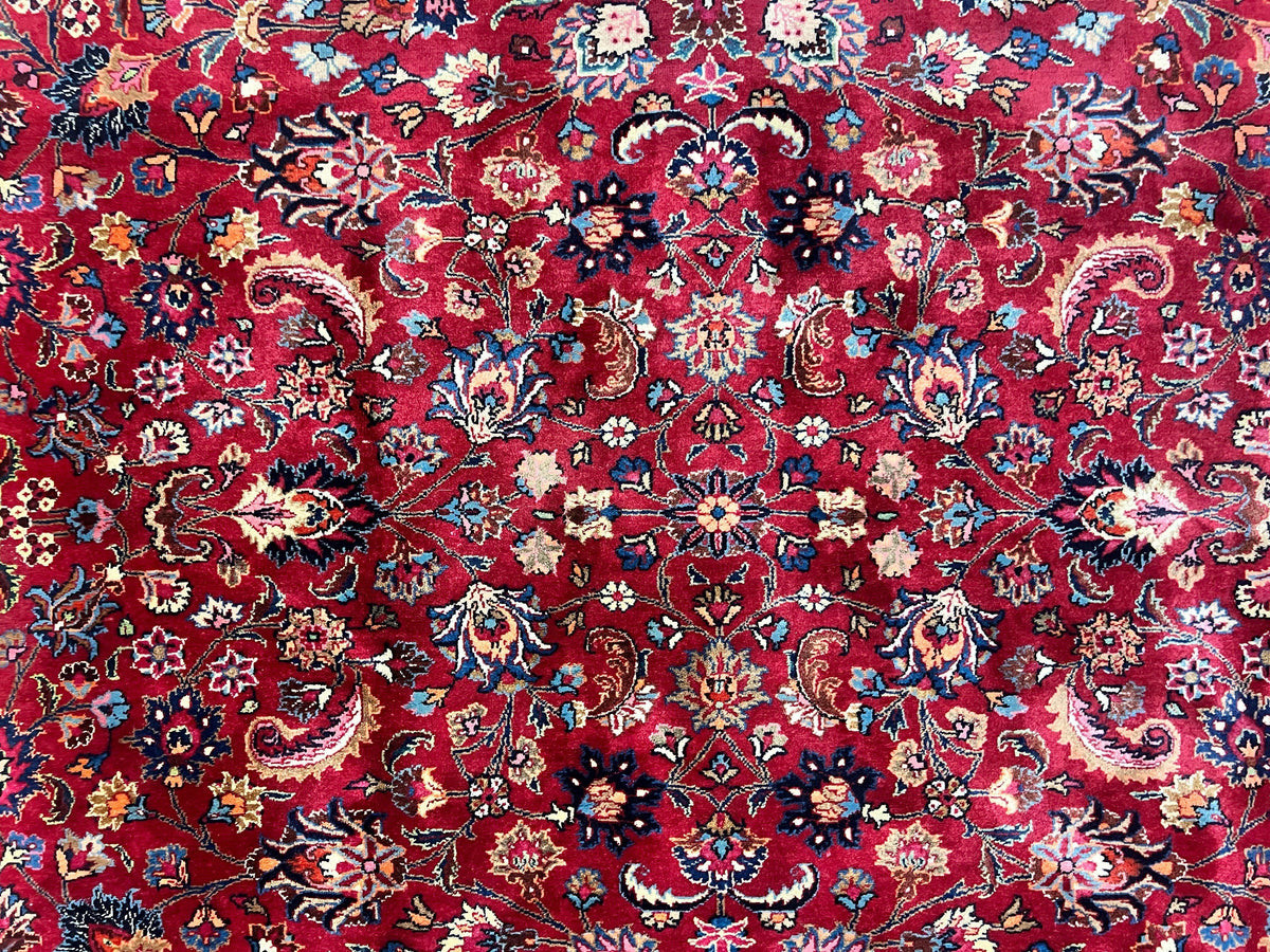 Signed Persian Mashad Rug 8x10, Wool Oriental Carpet, Semi Antique Rug, Hand Knotted, Traditional, Red, Floral Allover, - Jewel Rugs, view 12