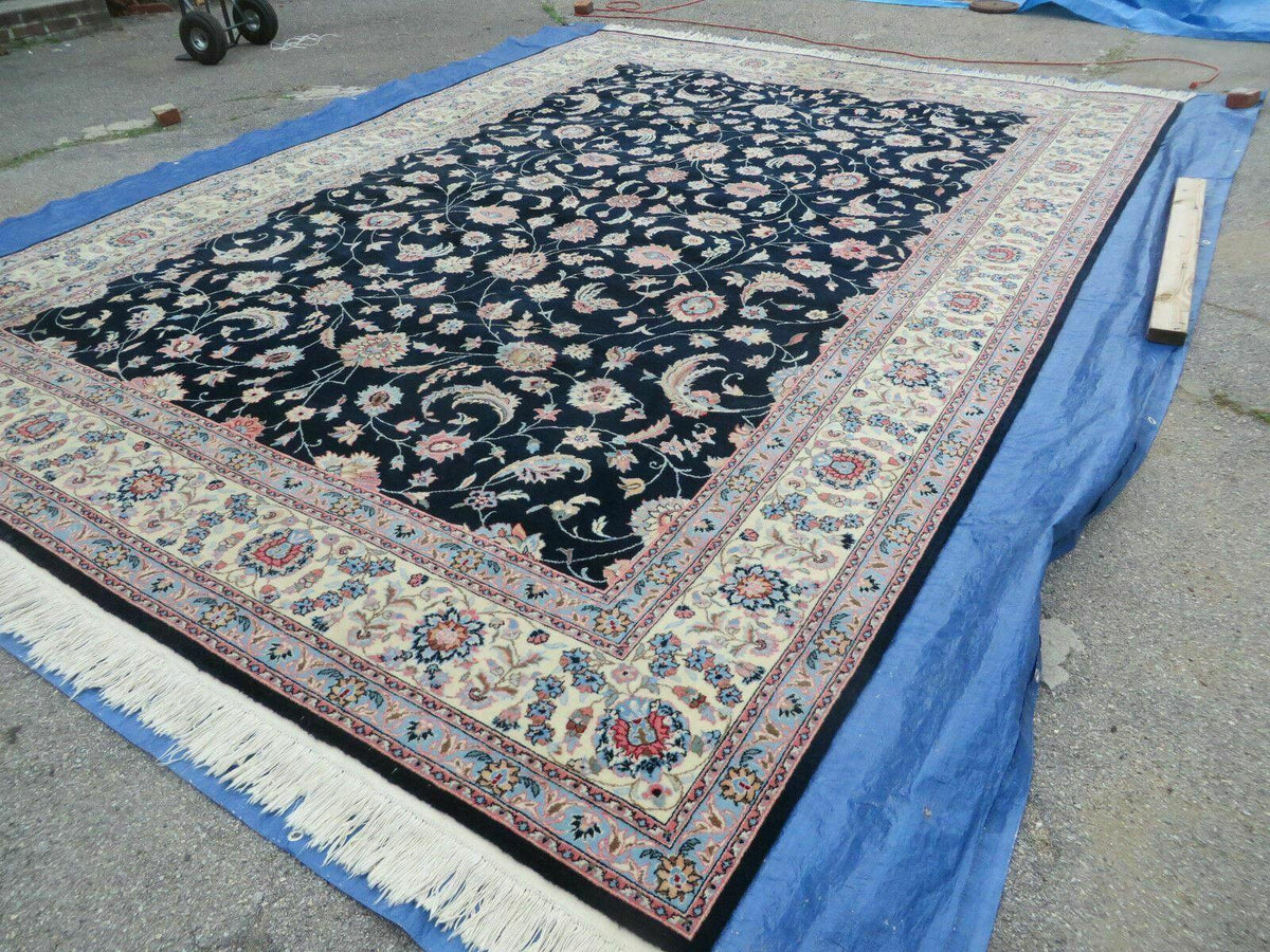 Large Indo Persian Rug 10x14, Wool Hand-Knotted Carpet, Navy Blue Ivory - Jewel Rugs, view 2