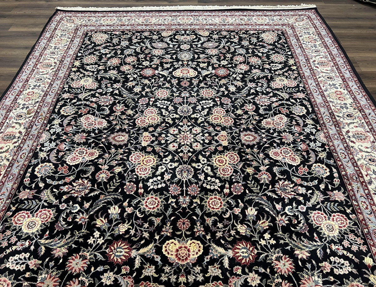 Pak Persian Rug 9x12, Floral Allover, Hand Knotted Oriental Carpet 9 x 12 ft, Black and Cream, Detailed, Wool with Silk Highlights, Vintage - Jewel Rugs, view 11