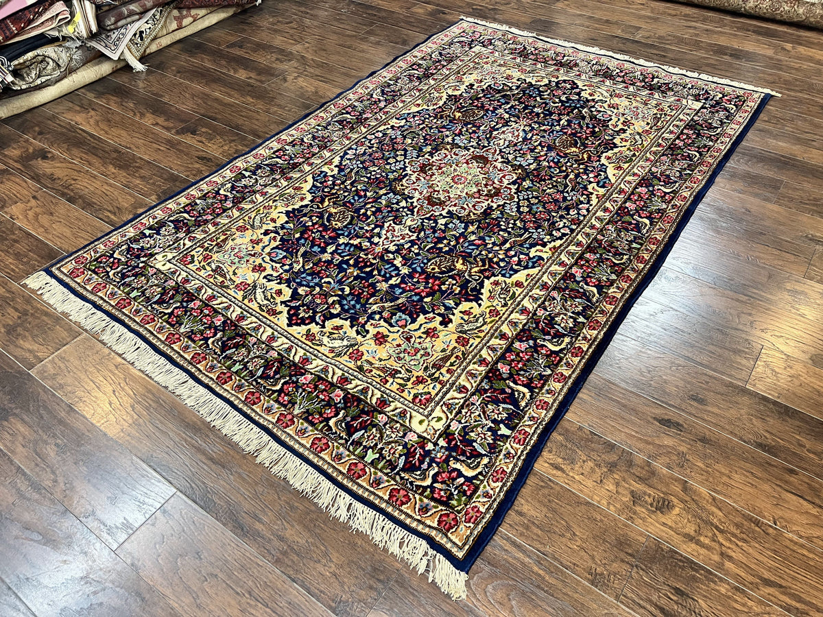 Persian Kirman Rug 6x9, Floral Medallion Vintage Wool Handmade Carpet 6 x 9, Animal Pictorials Birds, Semi Antique, Navy Blue, Millefleur - Jewel Rugs, view 2