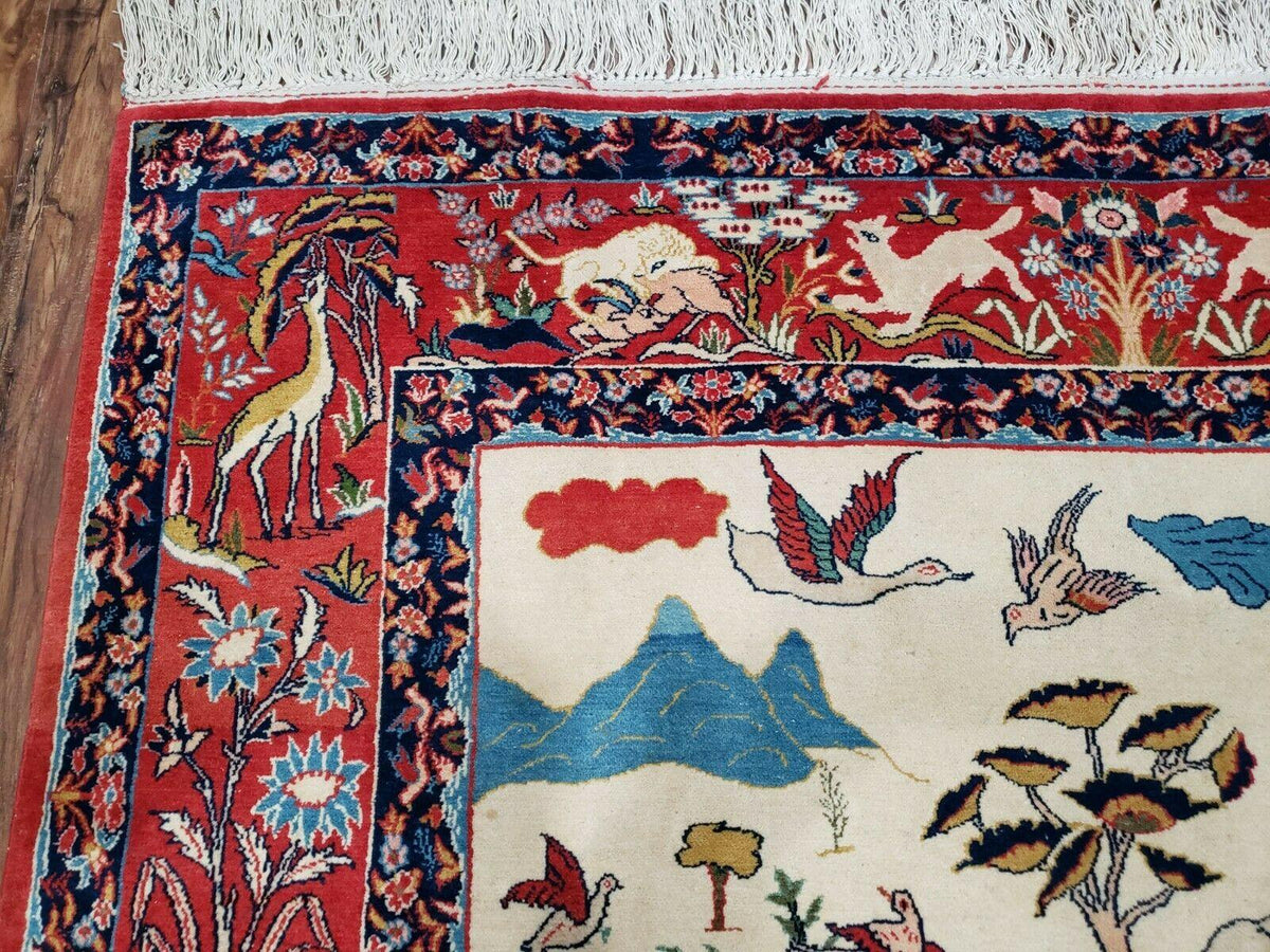 Antique Persian Isfahan Rug 5x7, Animal and Human Pictorials, Hand Knotted Fine Oriental Wool Carpet, Cream and Red, High KPSI, Vintage Rug 5 x 7 ft - Jewel Rugs, view 6