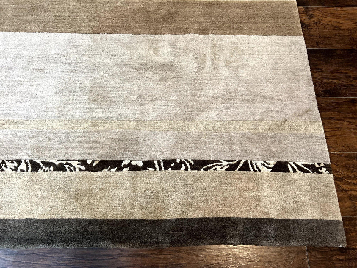 Modern Tibetan Nepali Rug 8x12, Stripe Pattern, Wool with Silk Highlights, Handmade, Beige Tan Brown - Jewel Rugs, view 10