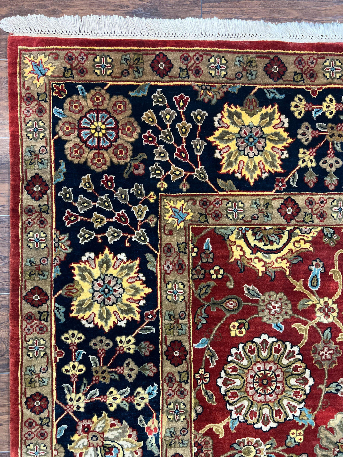 Indo Persian Rug 9x12, Hand Knotted Traditional Indian Wool Oriental Carpet 9 x 12 ft, Maroon and Navy Blue, Floral Allover 9x12 Vintage Rug - Jewel Rugs, view 6