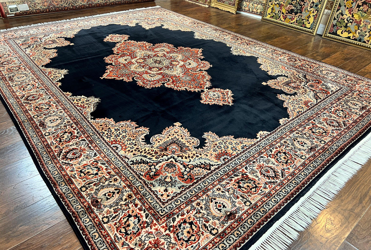 Karastan Rug 10x13, Karastan Ebony Kirman Rug, Room SIzed Wool Pile Vintage Karastan Carpet, Belgium Power Loomed Rug, Black Semi Open Field - Jewel Rugs, view 12