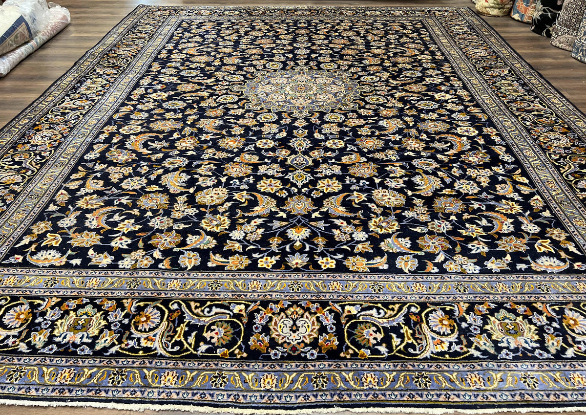 Wonderful Navy Blue Persian Kashan Rug 11x13, Allover Floral Design with Central Medallion, Wool Hand-Knotted Antique Carpet, Signed Rabani Rug - Jewel Rugs
