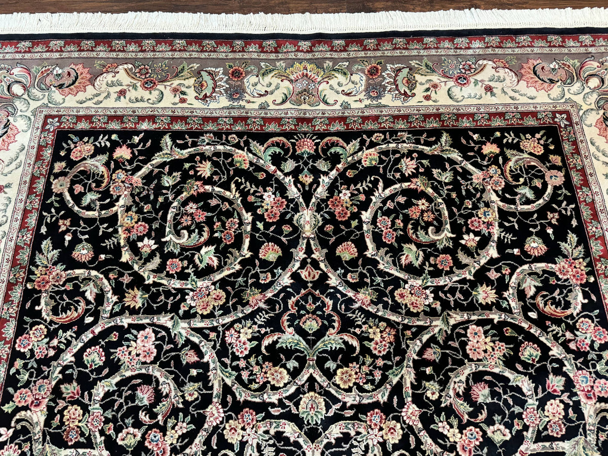 Black Pak Persian Rug 8x11, Floral Pattern, Hand Knotted Vintage Wool Rug with Silk Highlights, Fine 200 KPSI - Jewel Rugs, view 4