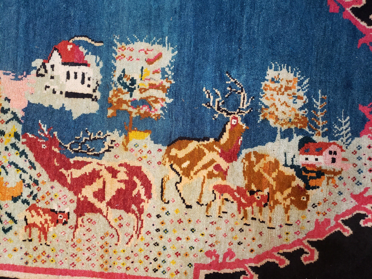 Antique Persian Pictorial Rug 4'6" x 9', Wool Hand-Knotted Blue Roses Karabagh Caucasian Carpet, 1920s Girl Deer Tapestry Wall Hanging Rug - Jewel Rugs, view 12