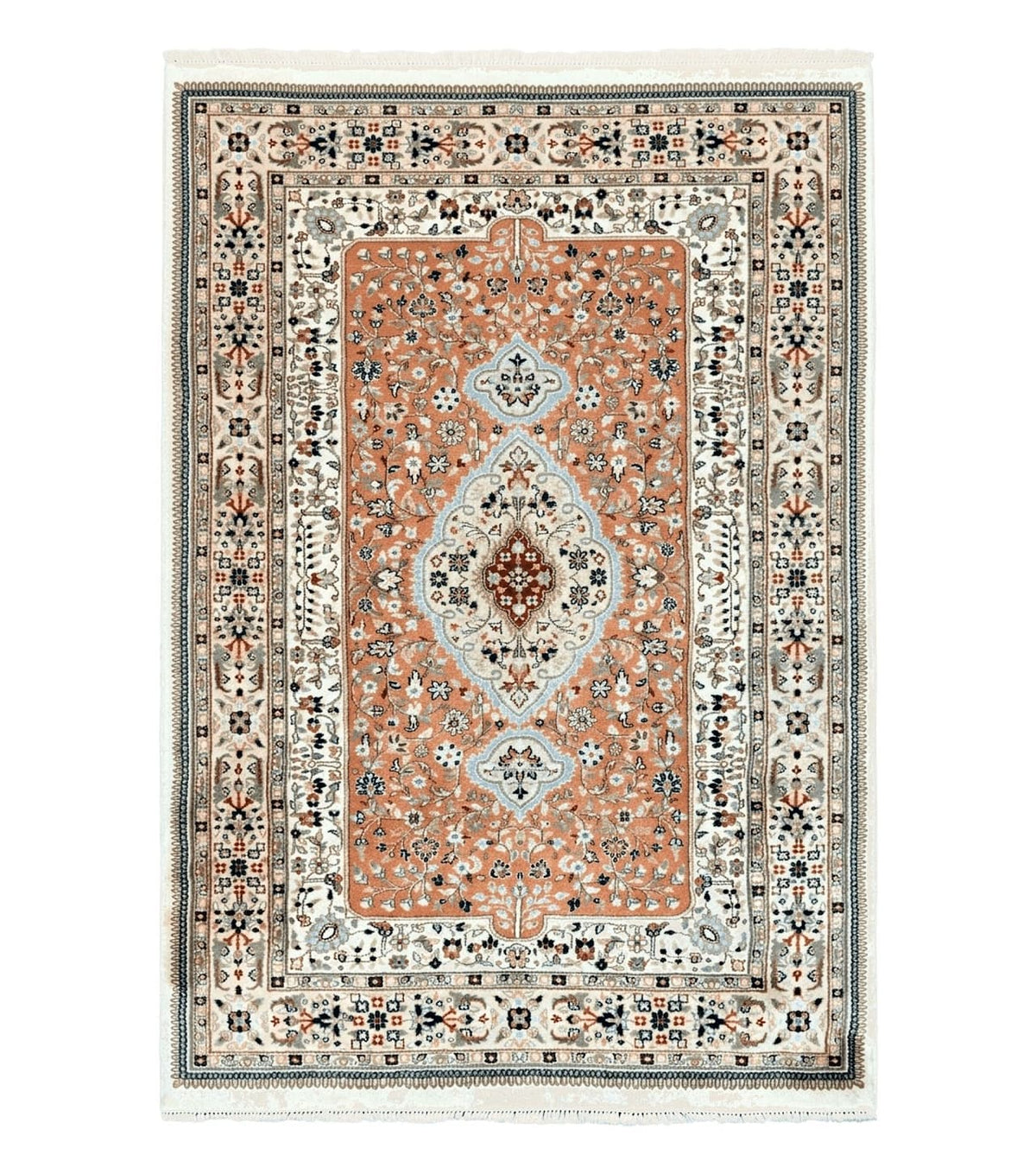 Indo Persian Rug 6x9, Wool Hand Knotted Vintage Carpet, Salmon & Ivory, Traditional Oriental Rug 6 x 9 - Jewel Rugs