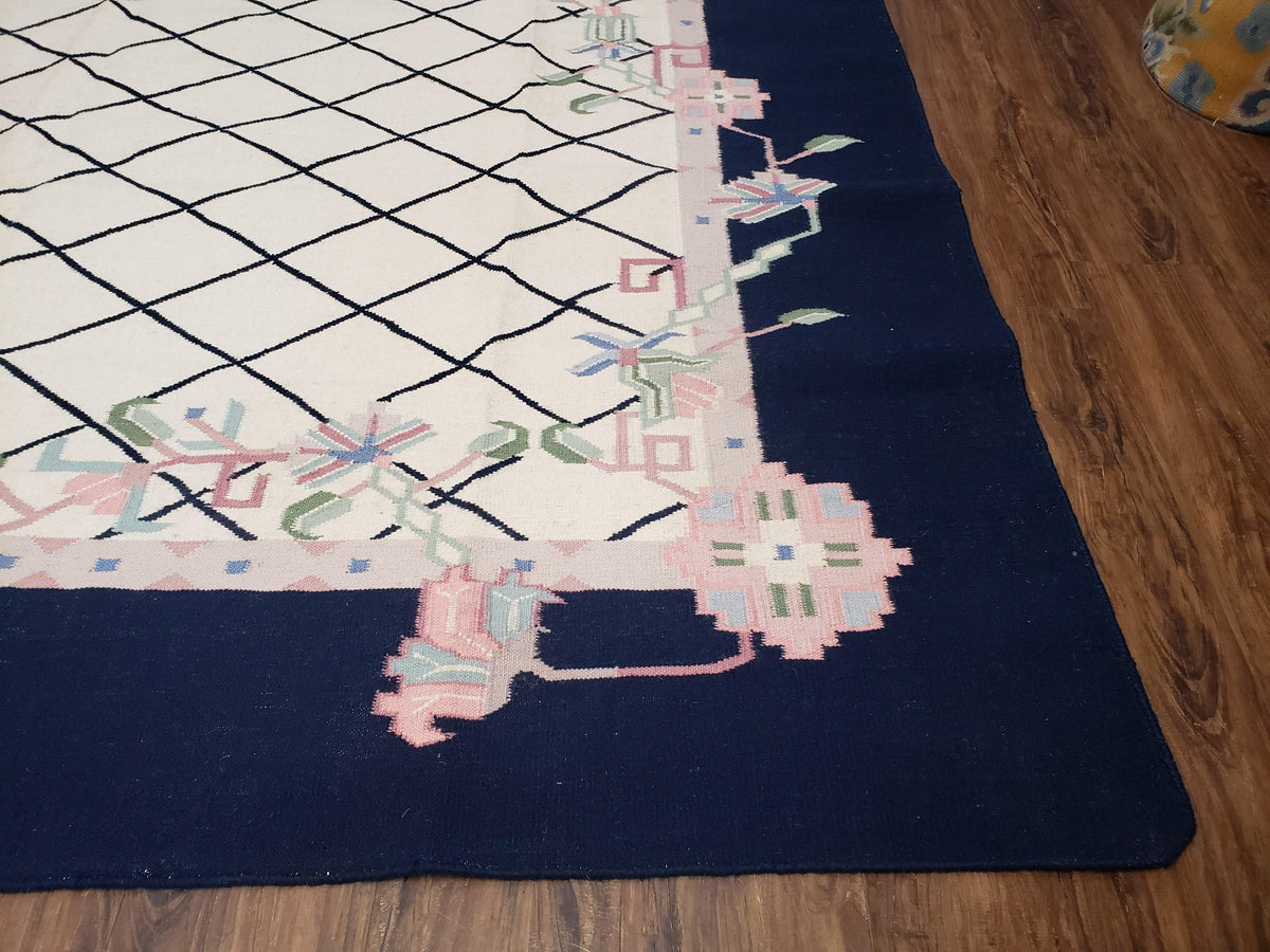 Vintage Dhurrie Rug, Indian Dhurrie 8x11 - 9x11, Wool Hand-Woven Ivory & Black Indo Carpet, Large Flat Weave Rug Living Room Rug Black White - Jewel Rugs, view 10