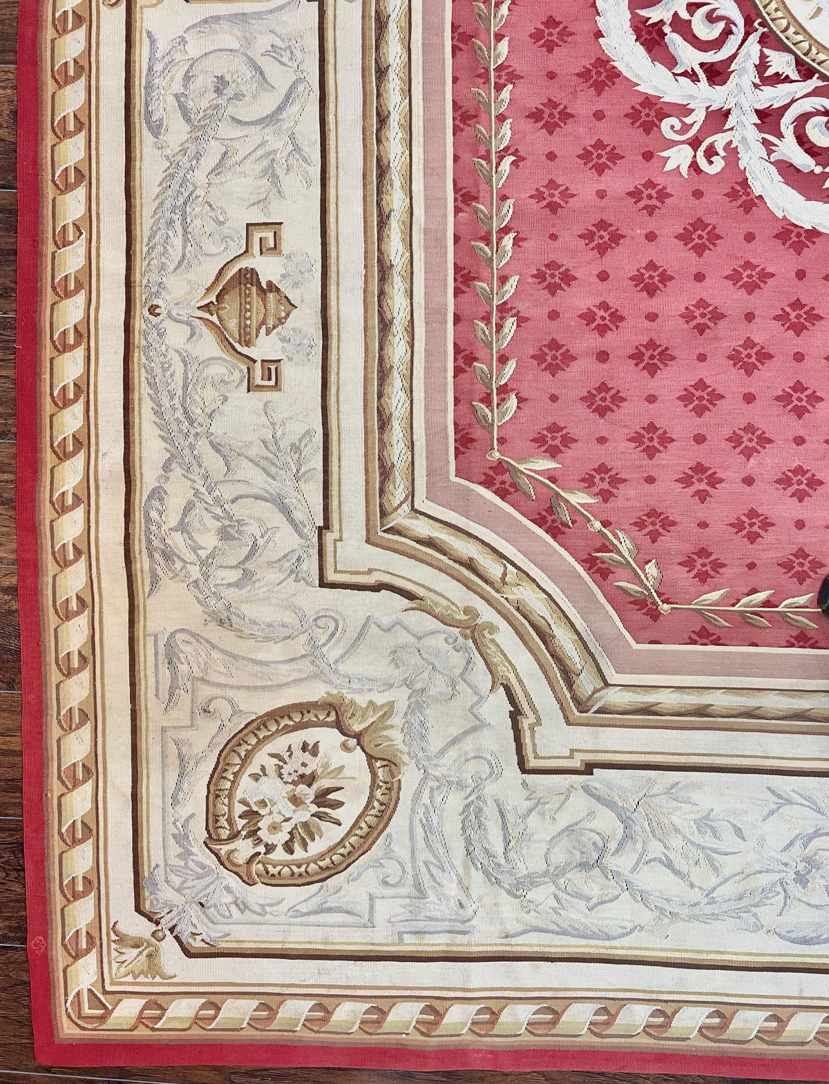 Aubusson Rug 9x12 ft, Red and Ivory Elegant Aubusson Carpet, Flatweave, Vintage Wool Handmade Area Rug 9 x 12, French European Design - Jewel Rugs, view 9