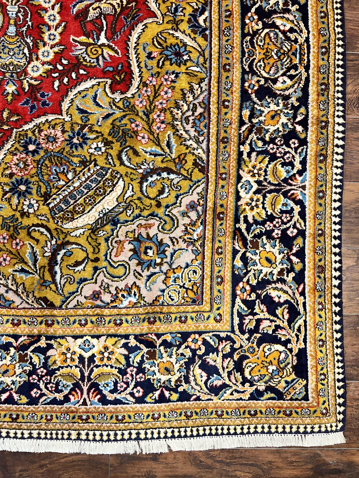 Wonderful Persian Qum Rug 10x14, Wool w/ Silk Highlights, Hand Knotted Semi Antique Vintage Carpet, Red, Floral, Fine Weave, Birds Deer Pictorials - Jewel Rugs, view 9