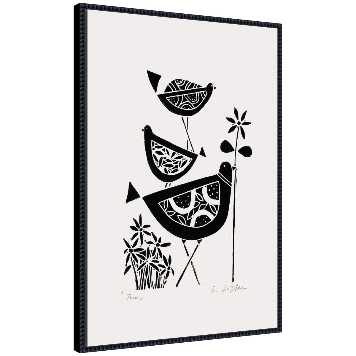 Sylvie Folk Bird Family Trio Linocut Framed Canvas by Giuliana Lazzerini
