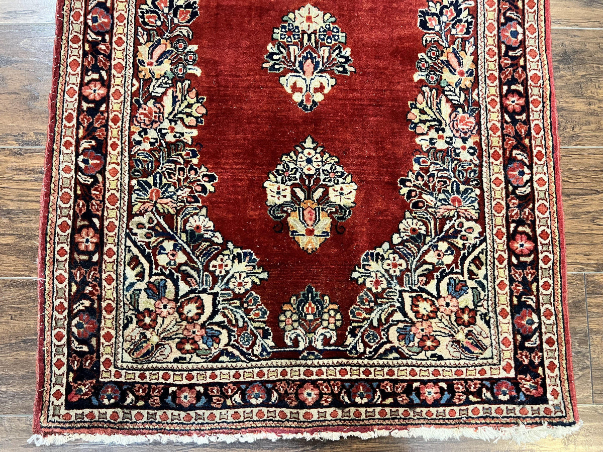 Persian Sarouk Runner Rug 2.7 x 6, Semi Open Field, Red, Handmade Hand Knotted, Wool Oriental Carpet, Vintage Semi Antique - Jewel Rugs, view 6