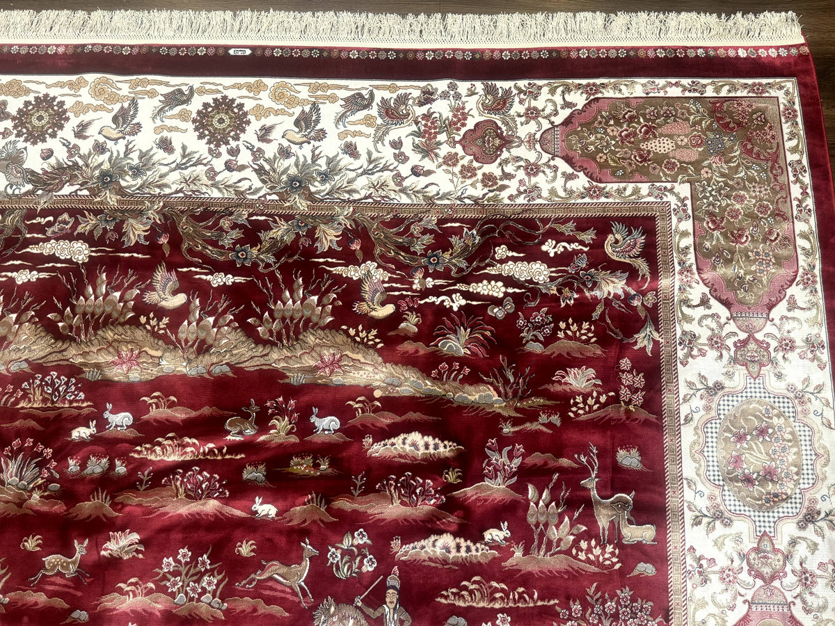 Turkish Silk Rug 8x10, Red & Ivory, Hunting Design, Bamboo Silk, New - Jewel Rugs, view 7
