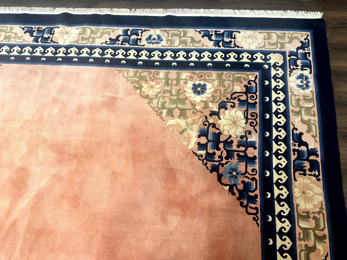 Chinese Wool Rug 11x18, Palace Sized Chinese Carpet, Peking Rug, Peach and Blue, Open Field, Simple Design, Art Deco Rug, Large Handmade Rug - Jewel Rugs, view 8