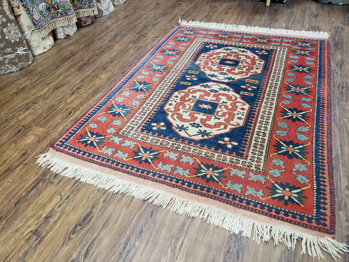 Turkish Kazak Rug 5x6 Vintage Handmade Wool Carpet Geometric Blue Red - Jewel Rugs, view 4