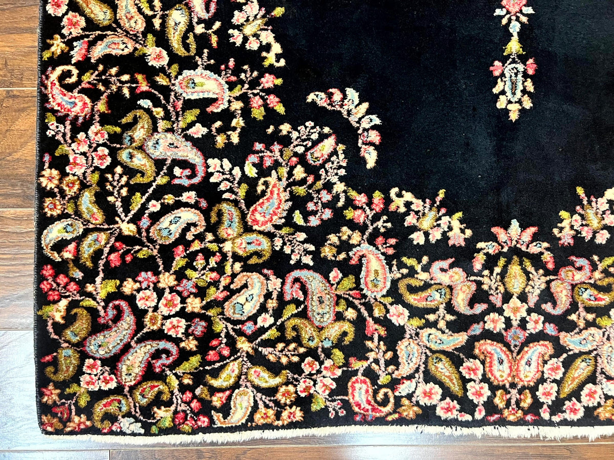 Antique Persian Kirman Rug 5x8, Floral Kirman, Midnight Blue/Black, Semi Open Field, Handmade Vintage Wool Carpet - Jewel Rugs, view 9
