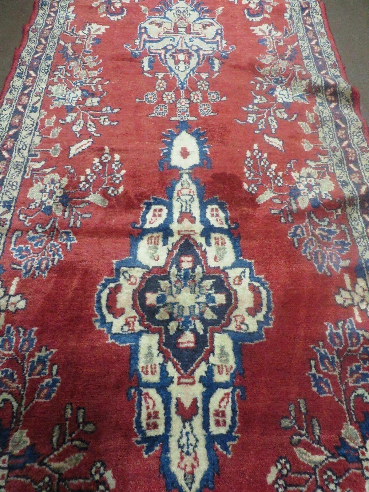 Persian Runner Rug 3 x 12, Antique Wool Oriental Runner, Floral Vases, Red & Navy Blue - Jewel Rugs, view 11