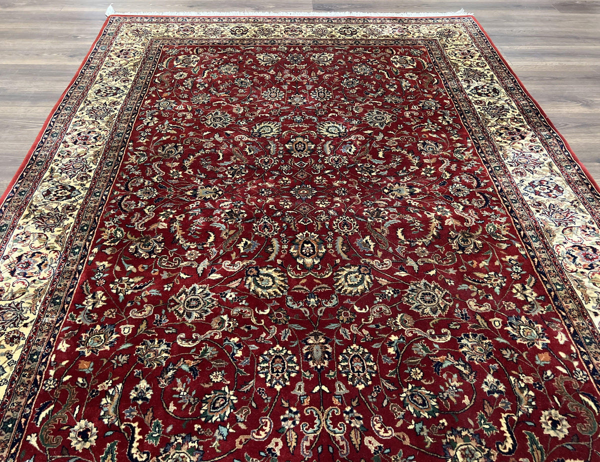 Vintage Indo Persian Rug 6x9, Very Finely Hand-Knotted Carpet 6 x 9 Red Cream Indian Oriental Carpet, Traditional Floral Wool Area Rug 1970s - Jewel Rugs, view 12