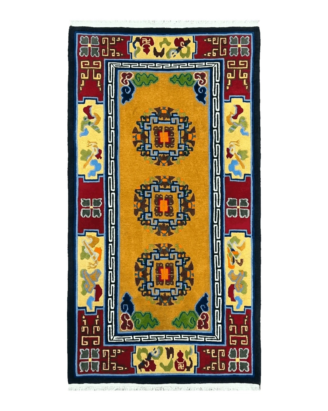 Vintage Chinese Art Deco Rug 3x6, Orange Dark Blue Maroon Chinese Peking Carpet, Asian Oriental Wool Rug, Bold Colors, Bedroom Rug, Hallway - Jewel Rugs