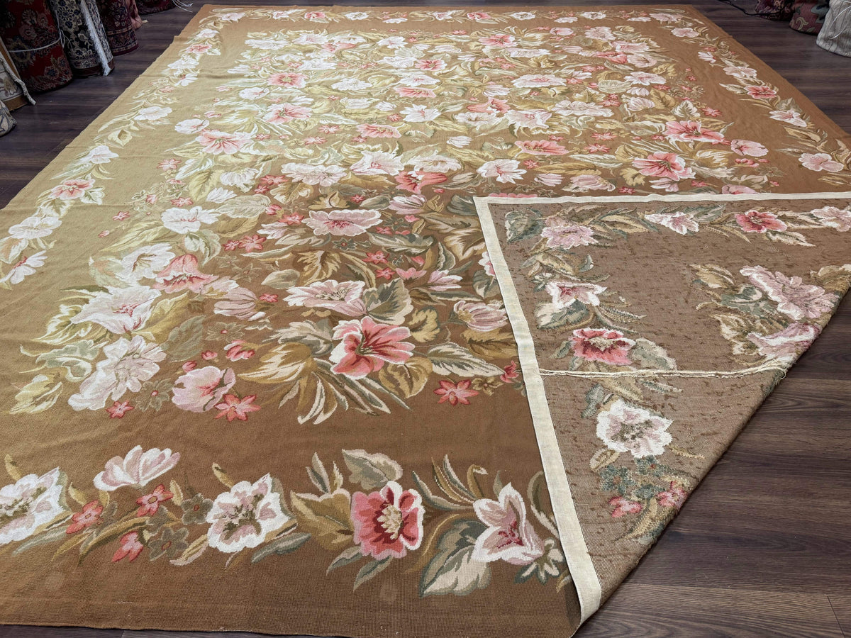 Large Needlepoint Rug 11x14, Vintage Floral Wool Carpet, Caramel - Jewel Rugs, view 10