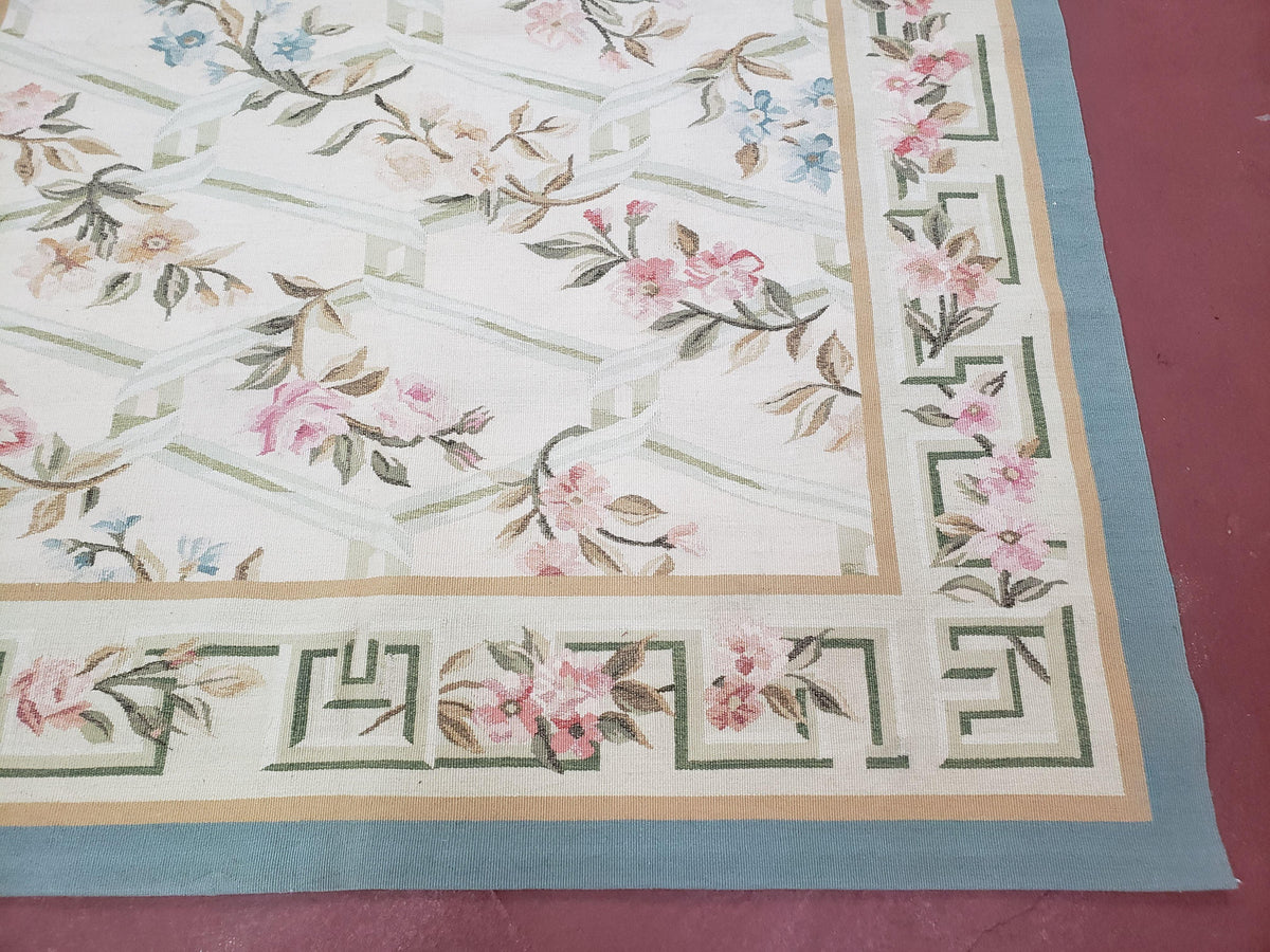 Vintage Aubusson Area Rug, Aubusson Flat weave Carpet, Floral Geometric Pattern, Beige Teal Green, 4x6 Rug, European Design - Jewel Rugs, view 9