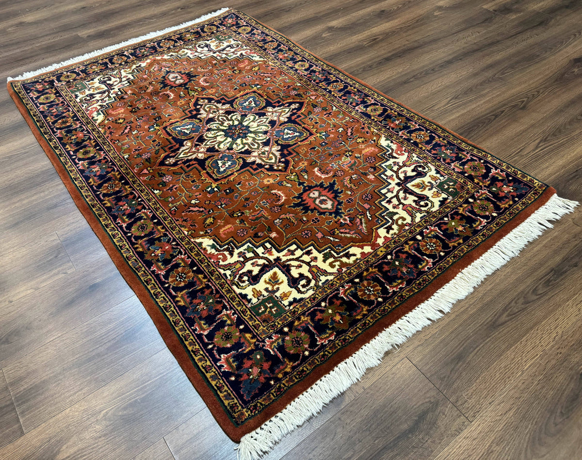 Indo Persian Heriz Rug 4x6, Rust Red Navy Blue and Cream - Jewel Rugs, view 13