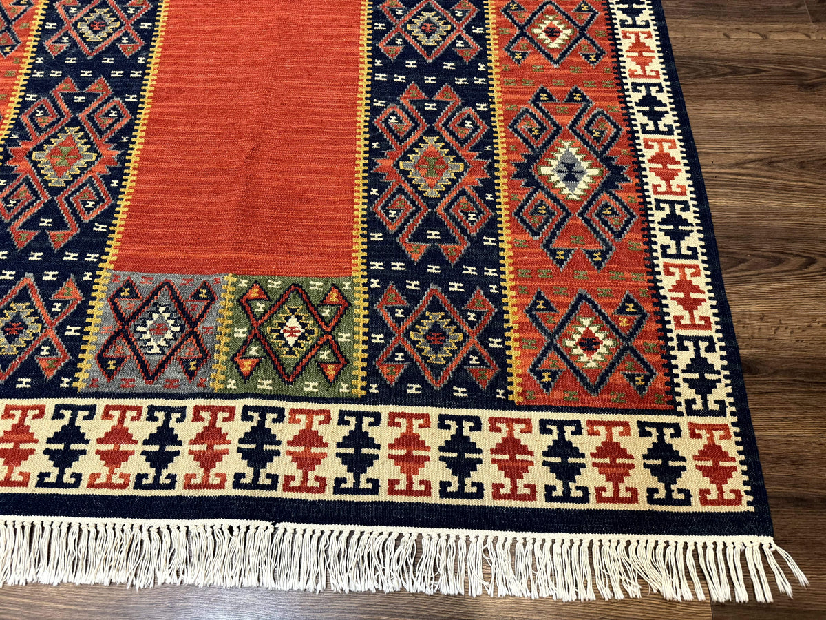 Turkish Kilim Rug 5x8, Flatweave Carpet, Handmade Bohemian Rug, Terracotta and Navy Blue - Jewel Rugs, view 10