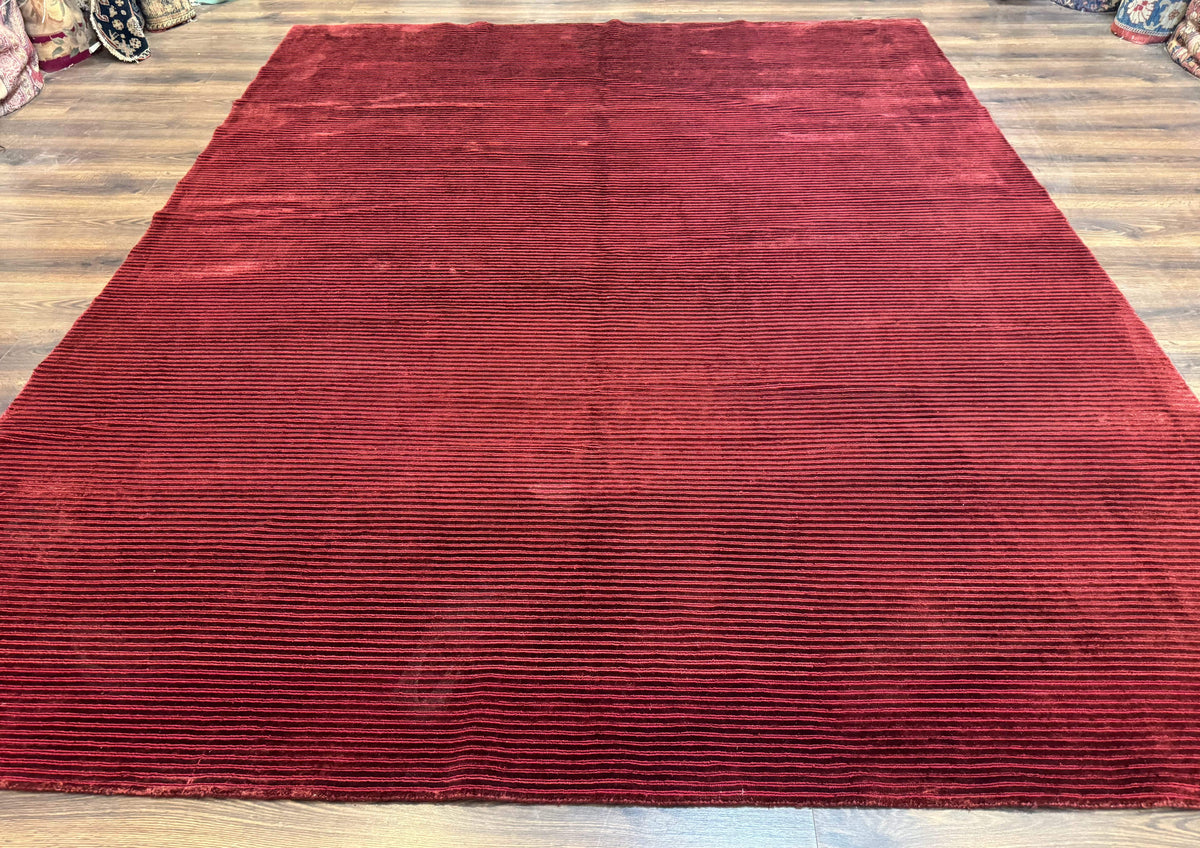Modern Tibetan Rug 8x10, Red, Stripes, Handmade Wool Thick Pile Carpet - Jewel Rugs, view 2