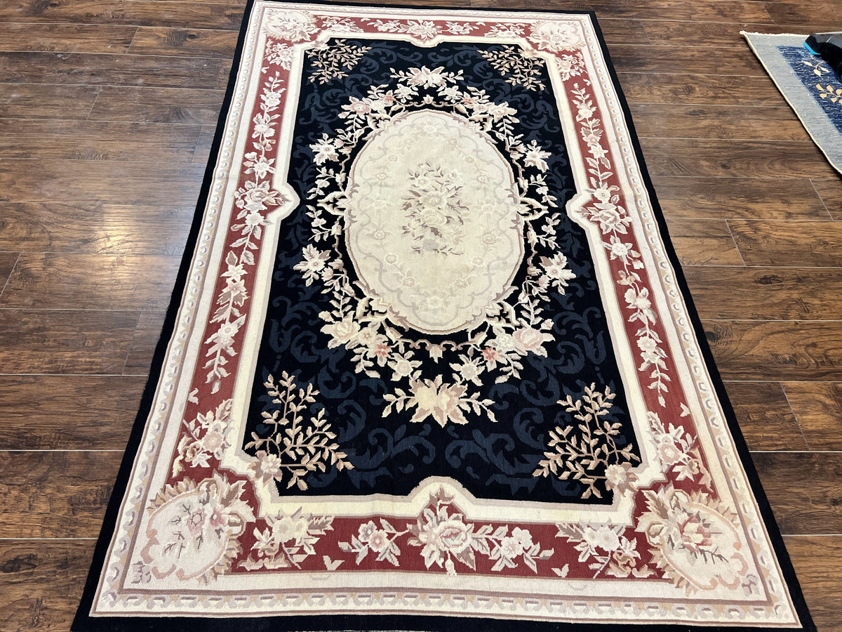 Needlepoint Rug 5x8, Wool Handmade Vintage European Design Carpet, Black & Maroon, French Aubusson Pattern Flatweave Rug - Jewel Rugs, view 2