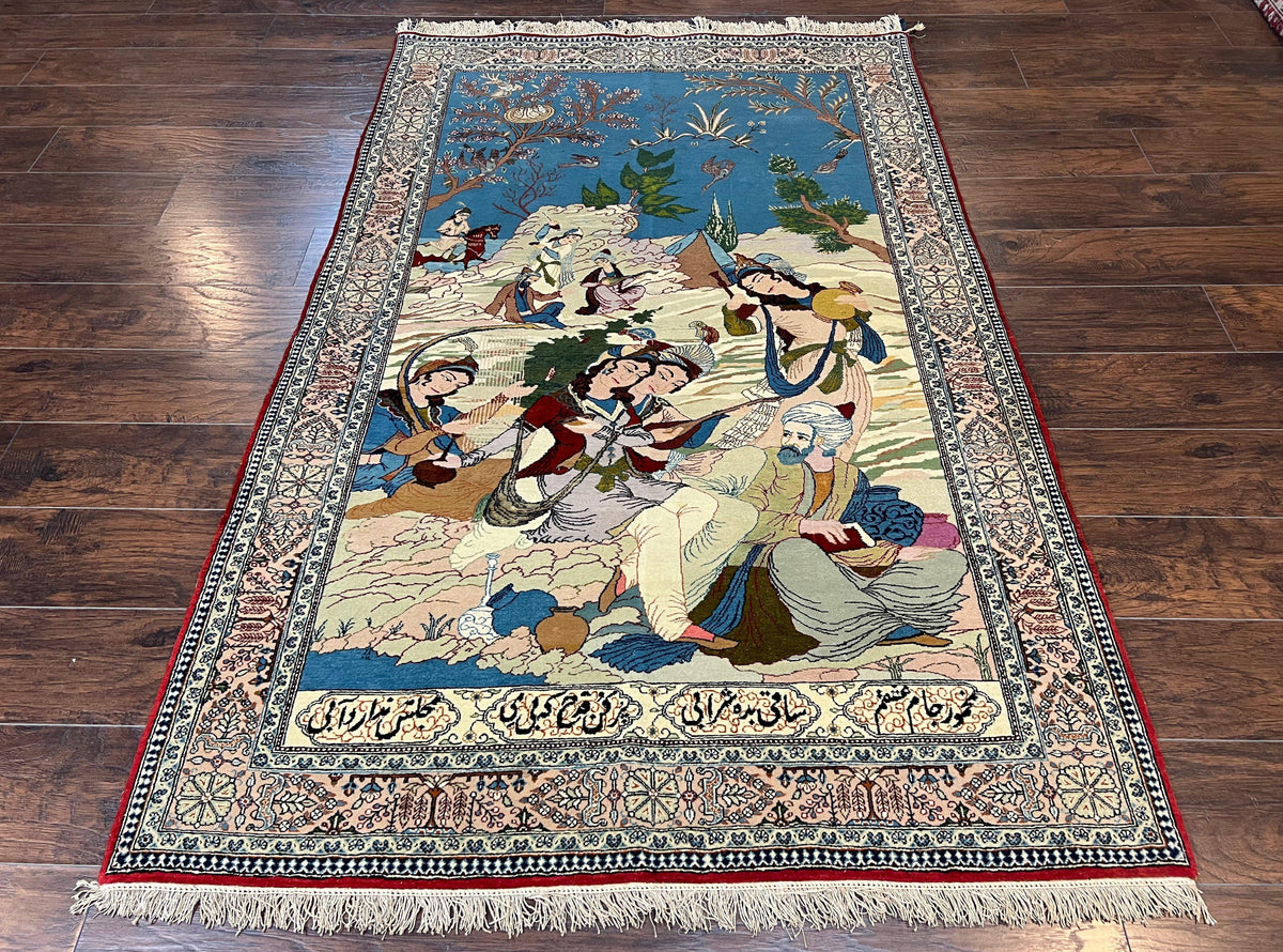 Vintage Persian Qum Pictorial Rug 5x7 - Wool & Silk - Jewel Rugs