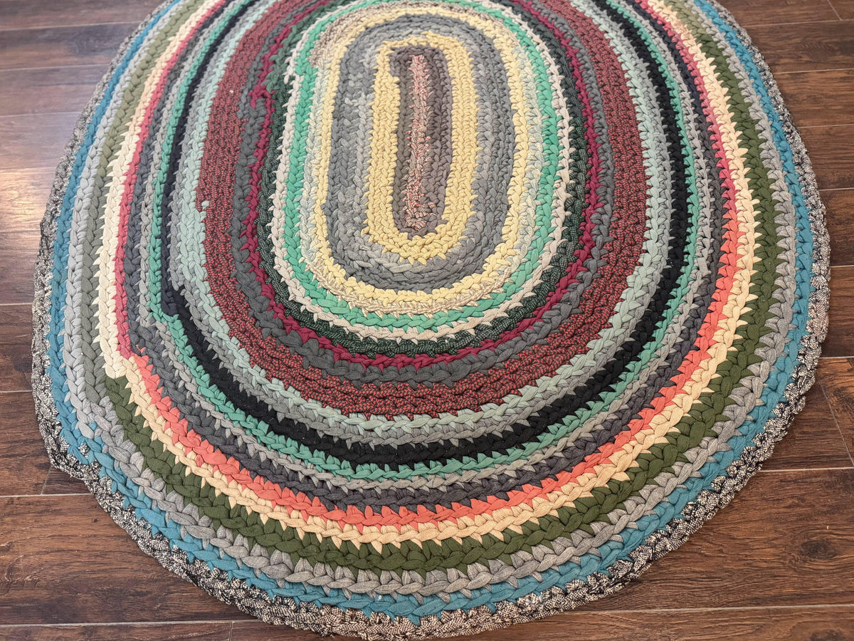 Antique American Braided Rug 5x7, Oval Multicolor Handmade Wool Braided Carpet - Jewel Rugs, view 9