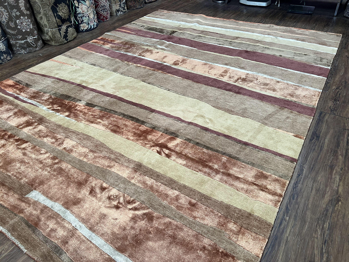 Modern Tibetan Rug 8x11 Nepali Carpet, Shiny Velvely Soft Wool and Silk, Contemporary Hand Knotted Rug, Striped Design, Wool Area Rug 8 x 11 - Jewel Rugs, view 3