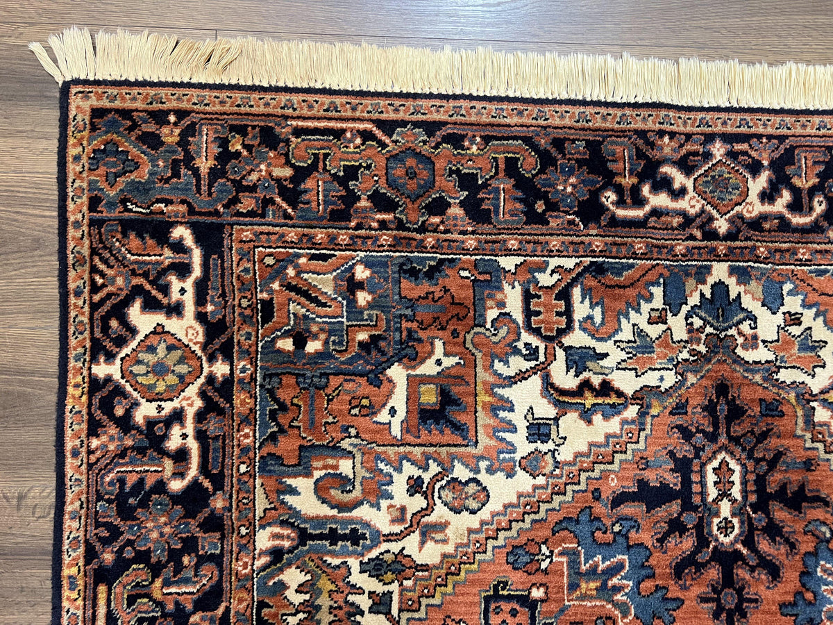 Heriz Rug 5.6 x 8, Geometric Medallion, Wool Oriental Carpet, Tribal Boho Rug, Red Navy Blue Cream, Belgium Power Loomed Rug, Medium Sized - Jewel Rugs, view 7