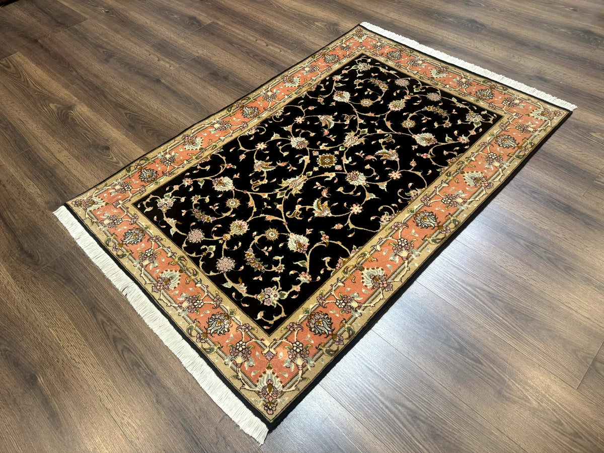 Persian Tabriz Rug 3x5 Black and Salmon Floral Fine Handmade 360 KPSI - Jewel Rugs, view 3