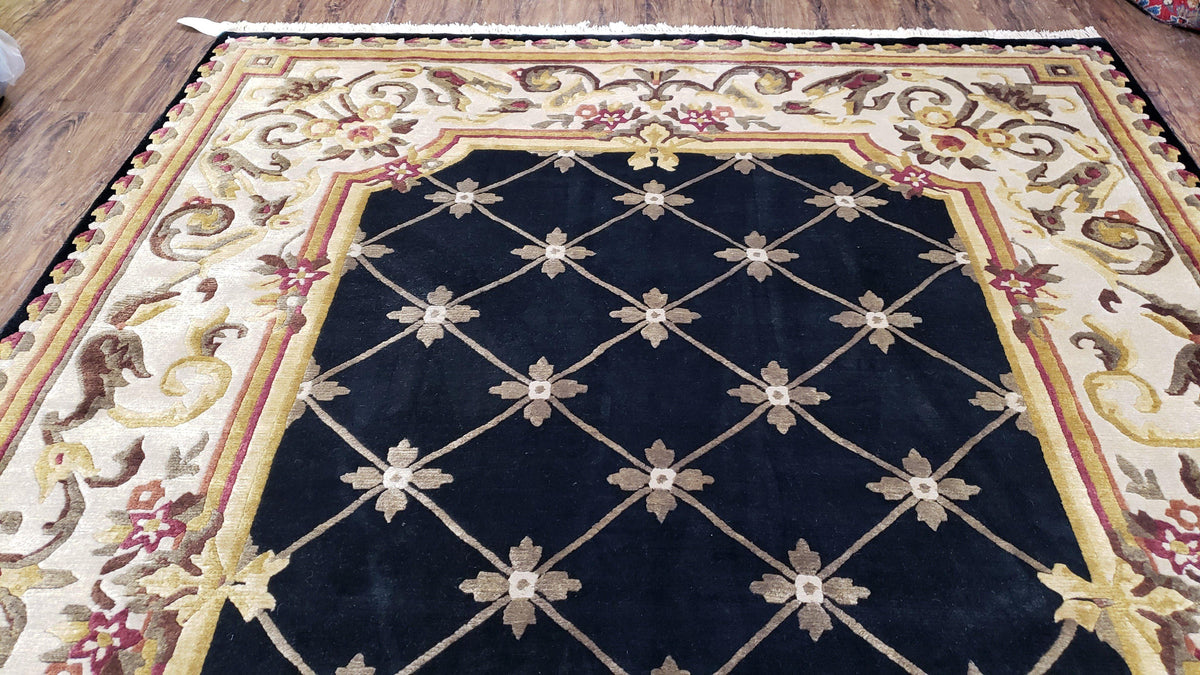 Nepal Rug 6x9, New Aubusson Nepalese Tibetan Carpet 6'1" x 8' 8", Hand-Knotted Wool, Unused, Black & Cream, Savonnerie Pattern, Soft Pile - Jewel Rugs, view 13