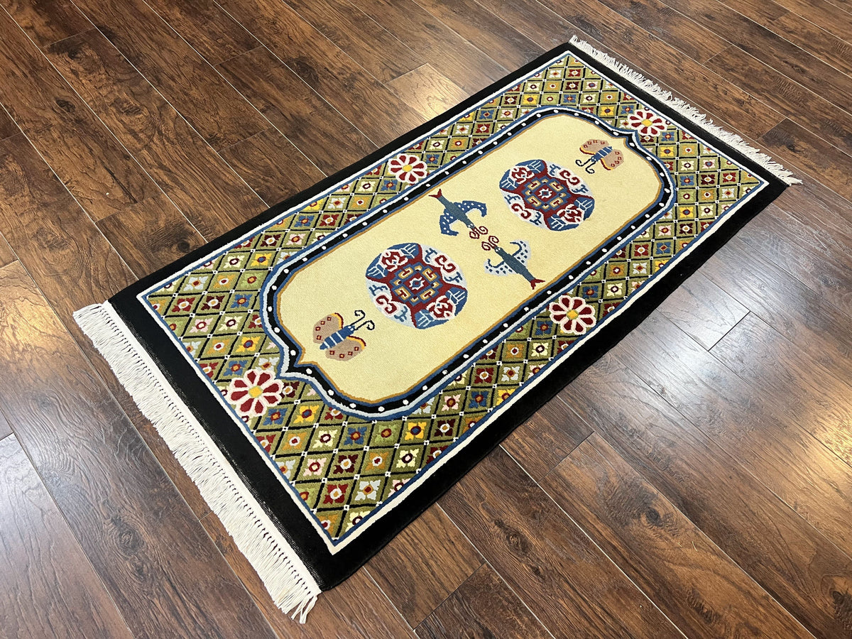 Chinese Rug 3x6 ft, Chinese Wool Rug, Tiensin Rug, Handmade Wool 3 x 6 Vintage Peking Rug, Art Deco Rug, Butterflies - Jewel Rugs, view 12