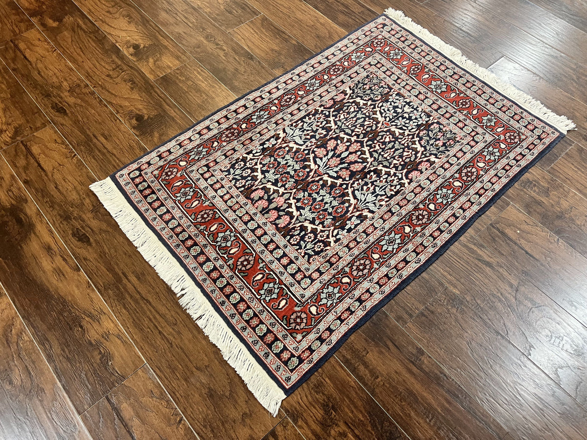 Pak Persian Rug 3x4, Wool Hand Knotted Vintage Traditional Carpet, Navy Blue & Red, Very Fine Small Handmade Floral Rug - Jewel Rugs, view 3