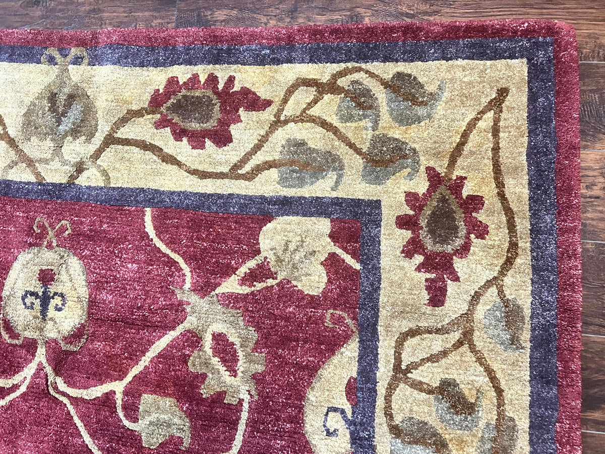 Tibetan Aubusson Rug 8x10, Maroon and Beige, Floral, Handmade, Wool, Vintage, Traditional Rug - Jewel Rugs, view 8