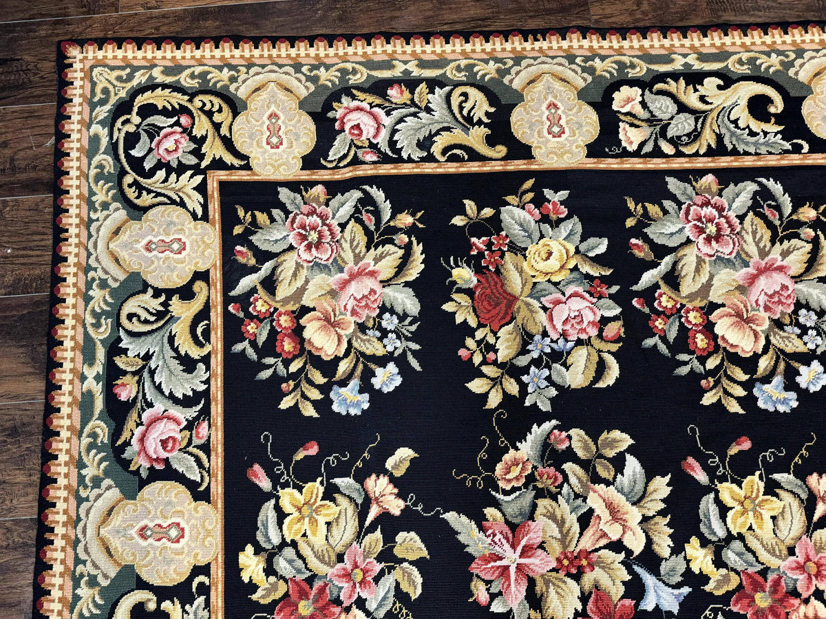 Palace Size Needlepoint Rug 12x16, Black and Colorful, Floral Panel, Handmade Oversized Wool Needlepoint Carpet, Rare - Jewel Rugs, view 7