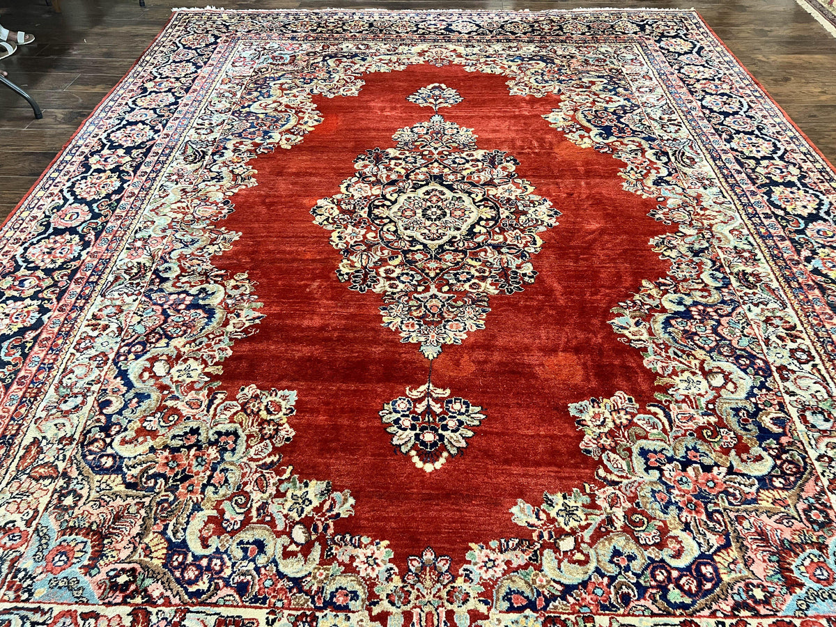 Persian Sarouk Rug 11x14, Semi Open Field, Large Antique Persian Wool Handmade Carpet, Red and Dark Blue, Floral - Jewel Rugs, view 12