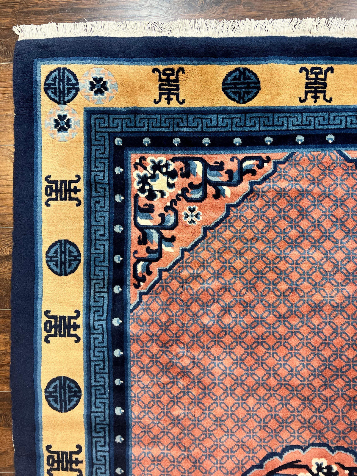 Chinese Peking Rug 5x8, Vintage Semi Antique Chinese Art Deco Carpet, Wool Pile Light Red/Salmon Gold Navy Blue, Handmade Asian Oriental Rug - Jewel Rugs, view 7