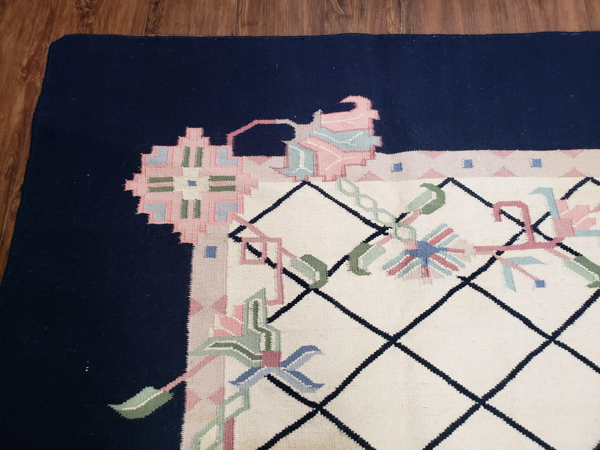 Vintage Dhurrie Rug, Indian Dhurrie 8x11 - 9x11, Wool Hand-Woven Ivory & Black Indo Carpet, Large Flat Weave Rug Living Room Rug Black White - Jewel Rugs, view 7